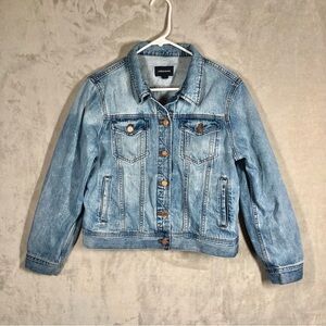 J CREW Classic Denim Jacket Womens L Blue Jean Biker Trucker Button Up Americana